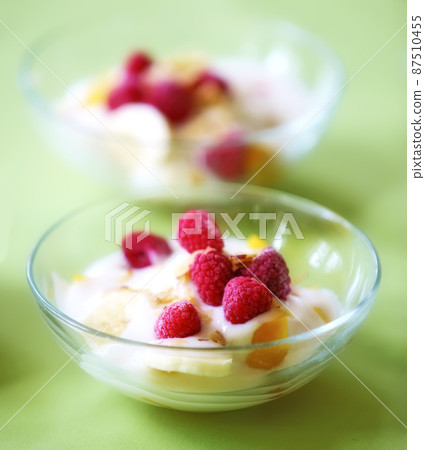 A photo of dessert - raspberries, banana and cream. A photo of dessert - raspberries, banana and cream. A photo of dessert - raspberries, banana and cream. A photo of dessert - raspberries, banana and cream. 87510455
