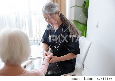 Elderly woman with doctor at home appointment Elderly woman with doctor at home appointment 87511136