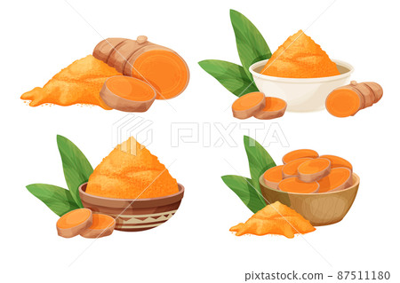 Set turmeric, curcuma dry powder in bowl, cup root in cartoon style isolated on white background. Homeopathy ingredient, aromatic Asian cuisine, close up 87511180