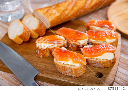 Delicious sandwiches with salmon and butter on white plate Delicious sandwiches with salmon and butter on white plate 87511442
