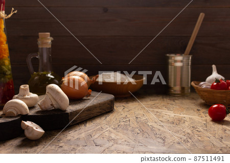 Pizza ingredient for homemade cooking or baking at table. Flour on wooden tabletop background Pizza ingredient for homemade cooking or baking at table. Flour on wooden tabletop background 87511491