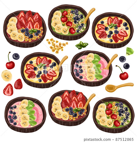 Set of various types of smoothie bowls, wooden tableware, spoons, acai bowls, green smoothies 87512865