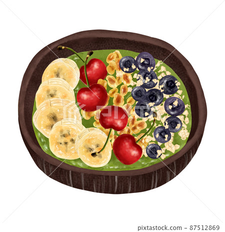 Smoothie bowl green smoothie blueberries, bananas, granola, cherries 87512869