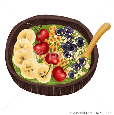 Wooden spoon and smoothie bowl Green smoothie Blueberries, bananas, granola, cherries Wooden spoon and smoothie bowl Green smoothie Blueberries, bananas, granola, cherries 87512872