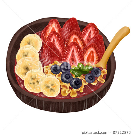 Wooden spoon and smoothie bowl Acai bowl berries, bananas, granola 87512873
