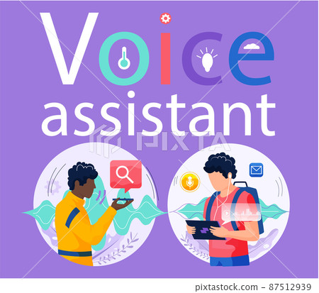 Voice assistant. Smart speaker virtual assistant, sound robot, people using voice controlled smart speaker 87512939