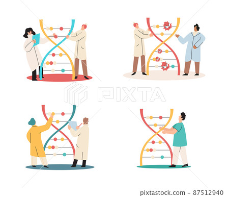 Antivirus vaccine. Scientists conducting scientific researches team of laboratory assistants with test tubes scenes set Antivirus vaccine. Scientists conducting scientific researches team of laboratory assistants with test tubes scenes set 87512940