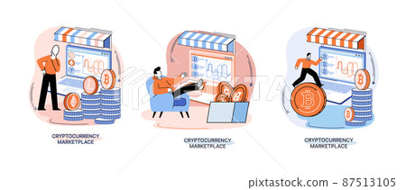 Cryptocurrency marketplace design with man crypto trader works with laptop. Bitcoin transactions metaphor Cryptocurrency marketplace design with man crypto trader works with laptop. Bitcoin transactions metaphor 87513105