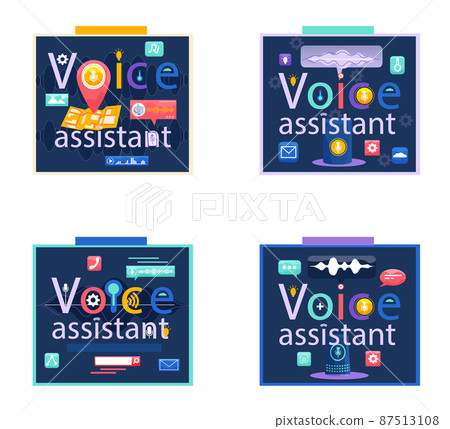 Voice assistant banner. Smart speaker with voice recognition flat vector inscription for websites Voice assistant banner. Smart speaker with voice recognition flat vector inscription for websites 87513108
