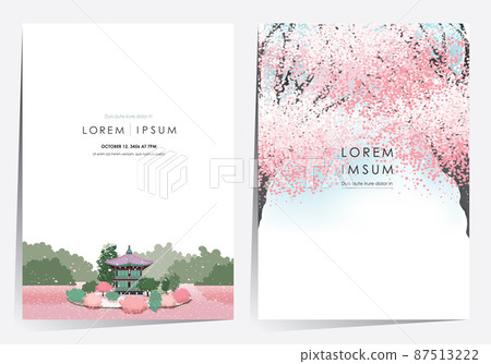 Vector editorial design frame set of Korean spring scenery with cherry trees in full bloom. Design for social media, party invitation, Frame Clip Art and Business Advertisement 87513222