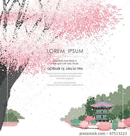 Vector editorial design frame of Korean spring scenery with cherry trees in full bloom. Design for social media, party invitation, Frame Clip Art and Business Advertisement Vector editorial design frame of Korean spring scenery with cherry trees in full bloom. Design for social media, party invitation, Frame Clip Art and Business Advertisement 87513223