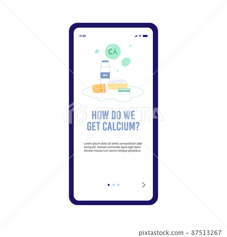 Onboarding mobile app how to provide calcium from food, vector illustration. 87513267