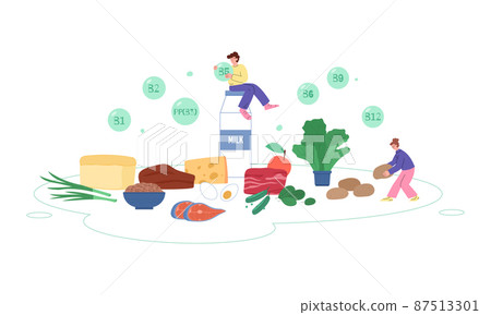 People with sources of vitamins of B and P groups, vector illustration isolated. 87513301