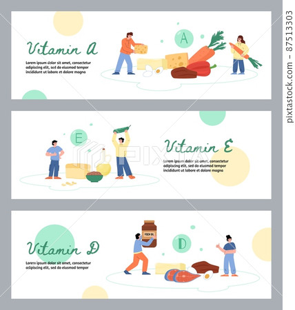 Food rich in vitamin A, E and D with people carrying healthy products, horizontal banner, flat vector illustration. 87513303