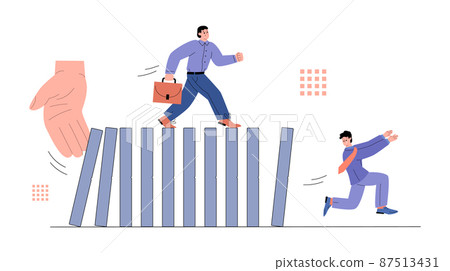 Businessmen flee from falling dominoes flat vector illustration isolated. Businessmen flee from falling dominoes flat vector illustration isolated. 87513431
