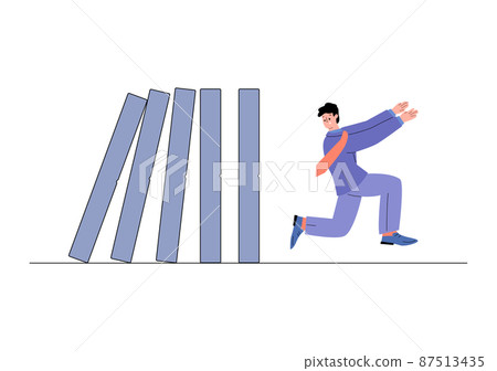 Businessman runs away from falling dominoes flat vector illustration isolated. Businessman runs away from falling dominoes flat vector illustration isolated. 87513435
