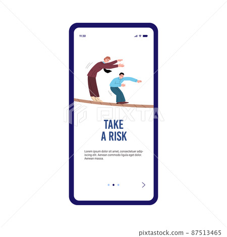 Office workers take risk and walk on tightrope, onboarding screen template - flat vector illustration. Office workers take risk and walk on tightrope, onboarding screen template - flat vector illustration. 87513465
