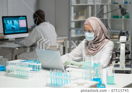 Muslim female scientist in hijab and protective workwear typing by workplace Muslim female scientist in hijab and protective workwear typing by workplace 87513745