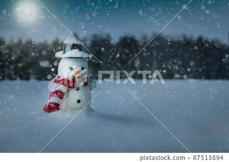 Snowman in a hat and scarf standing at night in a snow-covered field near the forest Snowman in a hat and scarf standing at night in a snow-covered field near the forest 87513894