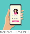 Smartphone in female hand with a page of login to the personal account on the screen with girl's avatar 87513915