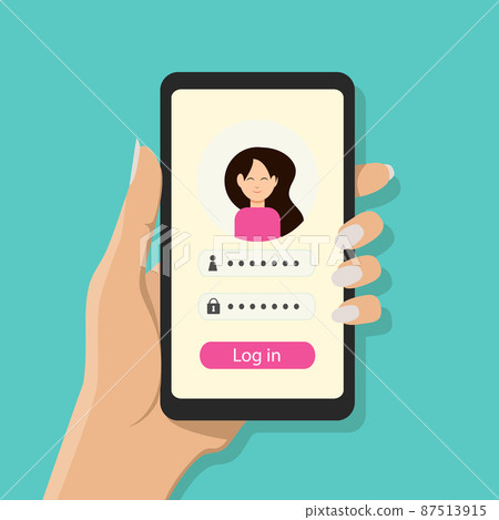 Smartphone in female hand with a page of login to the personal account on the screen with girl's avatar Smartphone in female hand with a page of login to the personal account on the screen with girl's avatar 87513915