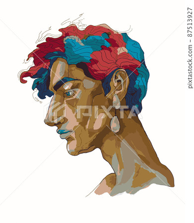 Portrait of a young man with multicolored hair and an earring in profile Portrait of a young man with multicolored hair and an earring in profile 87513927