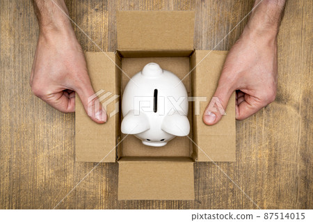 Piggy bank in open box made from corrugated cardboard 87514015