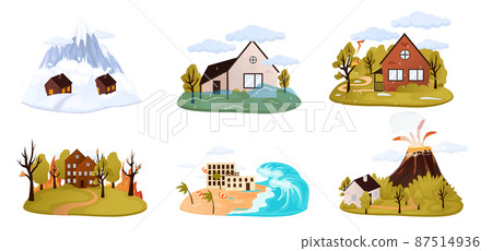 Natural disaster, catastrophe set of vector illustrations with tornado, blizzard, fire, tsunami isolated compositions with various kinds of elemental calamities and catastrophes vector illustration Natural disaster, catastrophe set of vector illustrations with tornado, blizzard, fire, tsunami isolated compositions with various kinds of elemental calamities and catastrophes vector illustration 87514936