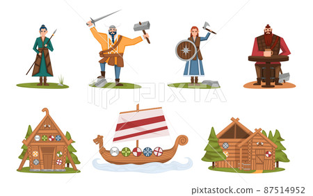 The Vikings. Viking cartoon characters. Drakkar, wooden sail boat, wooden house. Scandinavian mythologyy characters norway costume vikings warrior. Viking and warrior, norway scandinavian people 87514952