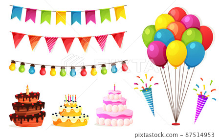 Birthday party isolated elements set with colorful presents fairy lights flags. Colorful balloons, carnival celebration food and candy. Gifts presents, sweet cupcakes and celebration cake. 87514953