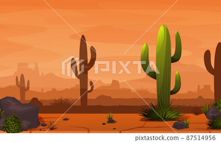 Fiery Desert Sunset. Desert landscape with rocks and cactuses. Arizona or Mexico hot sand desert with orange mountains. Summer western american landscape Fiery Desert Sunset. Desert landscape with rocks and cactuses. Arizona or Mexico hot sand desert with orange mountains. Summer western american landscape 87514956