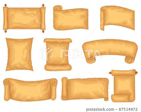Three Cartoon Scrolls Lying Flat. Cartoon ancient parchment scroll and old paper manuscript. Fantasy treasure map, diploma and letter. Three Cartoon Scrolls Lying Flat. Cartoon ancient parchment scroll and old paper manuscript. Fantasy treasure map, diploma and letter. 87514972