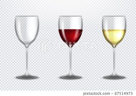 Set transparent vector wine glasses empty, with white and red wine on transparent background. Alcoholic drink. White and red wine. Vector illustration 87514973