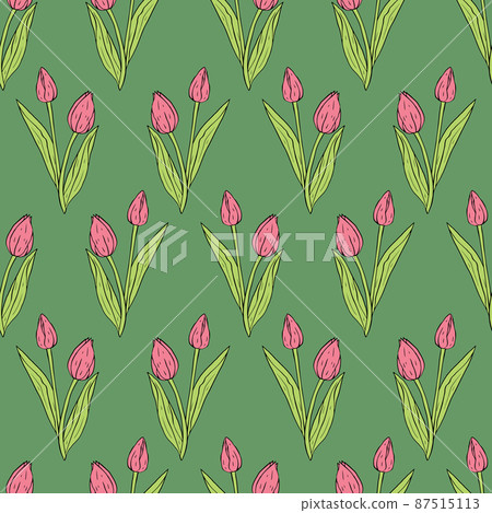 Vintage seamless pattern with pink tulips flowers and leaves on green 87515113