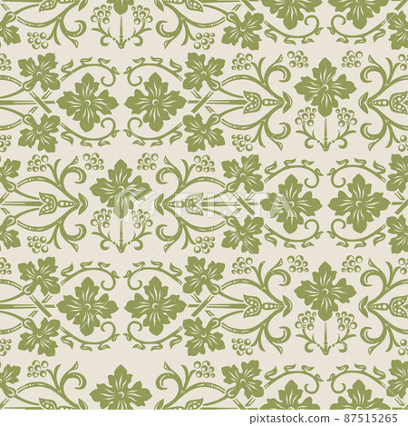 Seamless pattern in ivory ang green, vintage Victorian floral ornament flowers, scrolls and swirls 87515265
