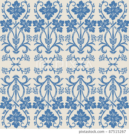 Seamless pattern in ivory ang blue, vintage Victorian floral ornament flowers, scrolls and swirls 87515267