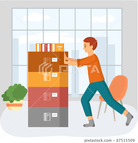 Cartoon male character stands in library, moves cabinet with drawers and books, bookstore employee Cartoon male character stands in library, moves cabinet with drawers and books, bookstore employee 87515509