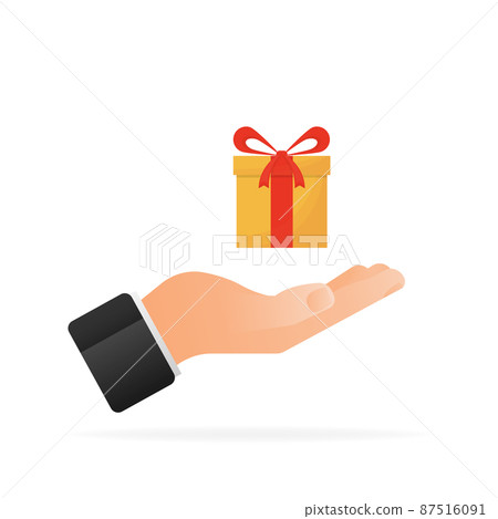Flat icon with gift in hand. Christmas design. Holiday wedding. Shopping event illustration. Gift box icon Flat icon with gift in hand. Christmas design. Holiday wedding. Shopping event illustration. Gift box icon 87516091