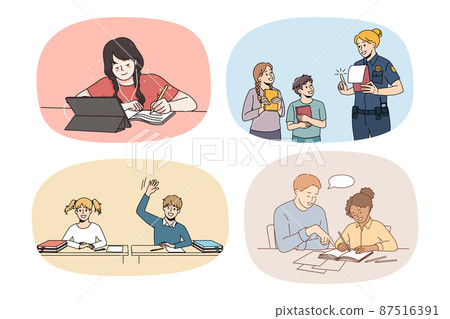 Set of small children study online from home  87516391