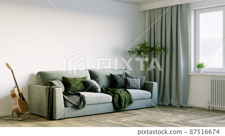 Beautiful interior of a modern room. Bright and clean design. A sofa standing by a large window against a wall background. 3D rendering Beautiful interior of a modern room. Bright and clean design. A sofa standing by a large window against a wall background. 3D rendering 87516674