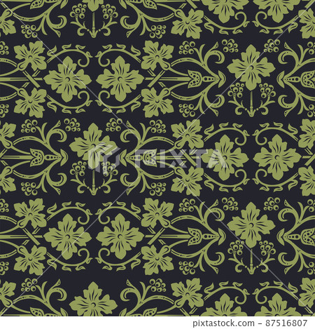 Seamless pattern in black green, vintage Victorian floral ornament wild flowers, scrolls and swirls 87516807