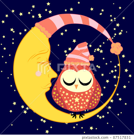 cute cartoon sleeping owl in circles with closed eyes sits on a drowsy crescent among the stars. cute cartoon sleeping owl in circles with closed eyes sits on a drowsy crescent among the stars. 87517831