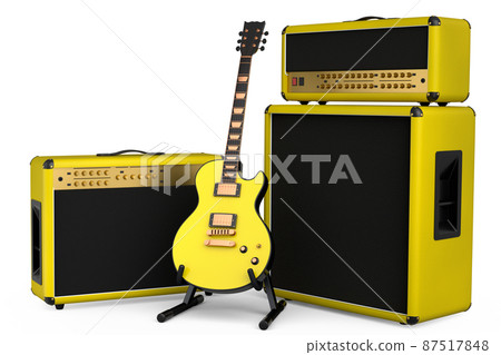 Classical amplifier with electric or acoustic guitar on stand isolated on white background. 3d render of amplifier for recording bass guitar in studio or rehearsal room, concept for rock festival Classical amplifier with electric or acoustic guitar on stand isolated on white background. 3d render of amplifier for recording bass guitar in studio or rehearsal room, concept for rock festival 87517848