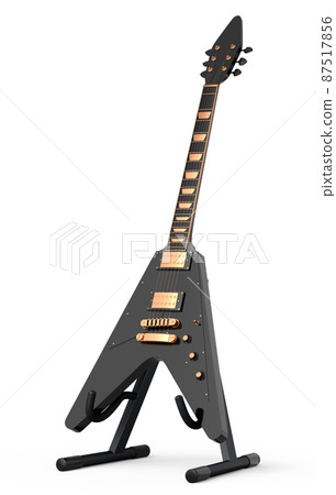 Electric acoustic guitar on stand isolated on white background. 3d render of concept for rock festival poster with heavy metal guitar for music shop Electric acoustic guitar on stand isolated on white background. 3d render of concept for rock festival poster with heavy metal guitar for music shop 87517856