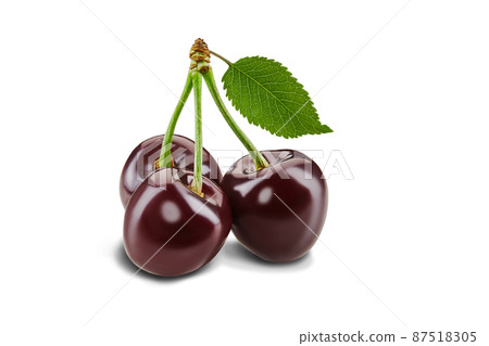 Three dark red sweet cherry fruits with green leaf isolated on white background. Close up, side view Three dark red sweet cherry fruits with green leaf isolated on white background. Close up, side view 87518305