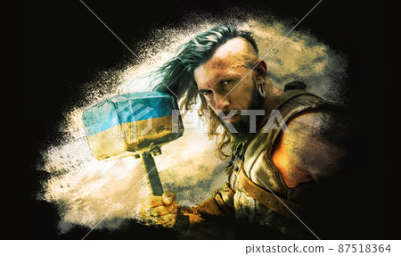 Conceptual collage with brave, courage man, warrior with huge hammer painted in blue-yellow colors of Ukrainian flag. 87518364