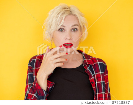 Shocked news. Disbelief woman. Unbelievable story. Surprised middle-aged lady looking confused hands up isolated yellow. Shocked news. Disbelief woman. Unbelievable story. Surprised middle-aged lady looking confused hands up isolated yellow. 87518887