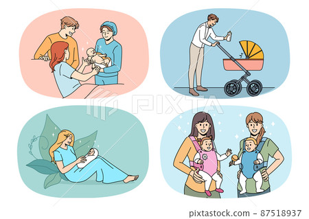 Set of happy parents with newborns excited with parenthood Set of happy parents with newborns excited with parenthood 87518937