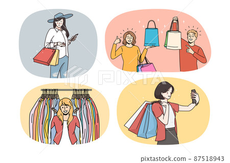 Set of happy women buyers shopping in mall Set of happy women buyers shopping in mall 87518943