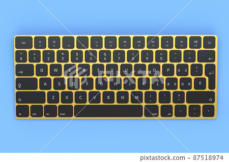 Modern gold aluminum computer keyboard isolated on blue background. Modern gold aluminum computer keyboard isolated on blue background. 87518974